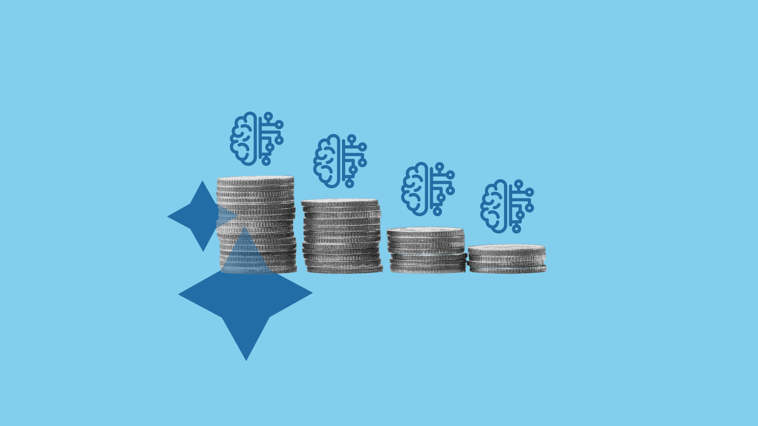 Four stacks of coins decreasing in height from left to right, each topped with a blue brain circuit icon, with a blue star on the left, set against a light blue background.