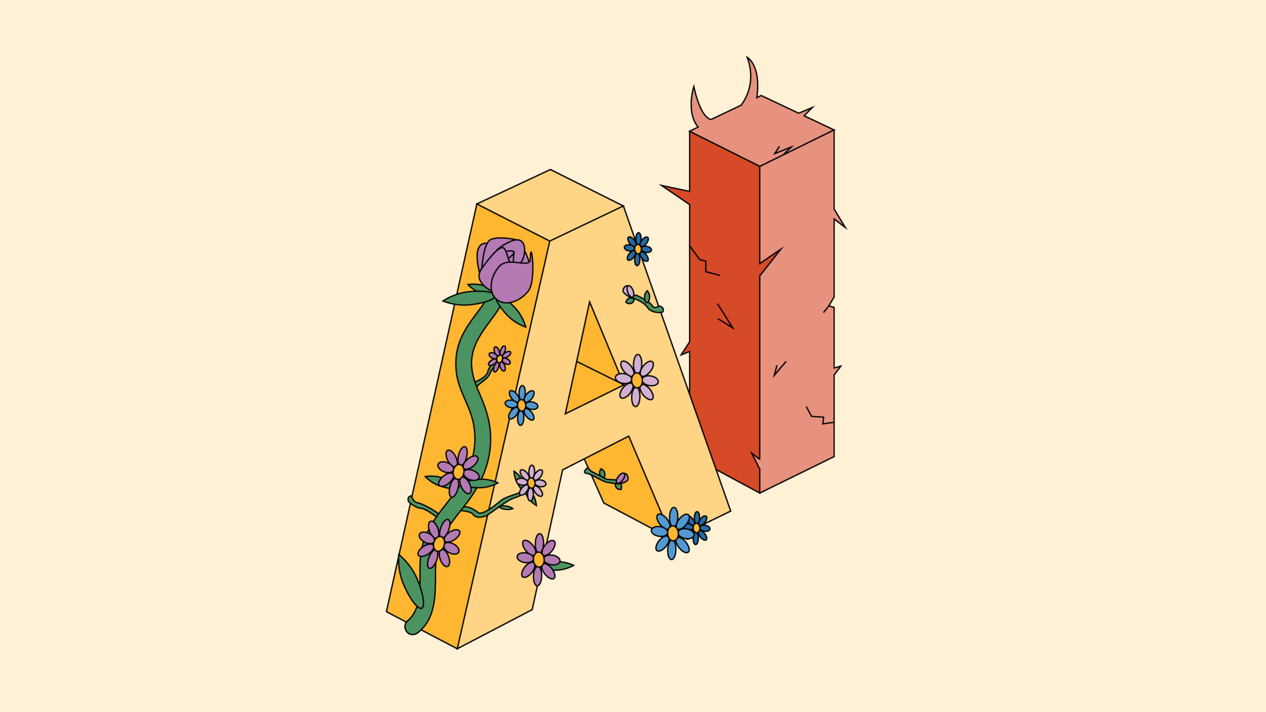Stylized letters "A" and "I", with "A" adorned in colorful flowers and vines, and "I" illustrated as a red cactus with thorns
