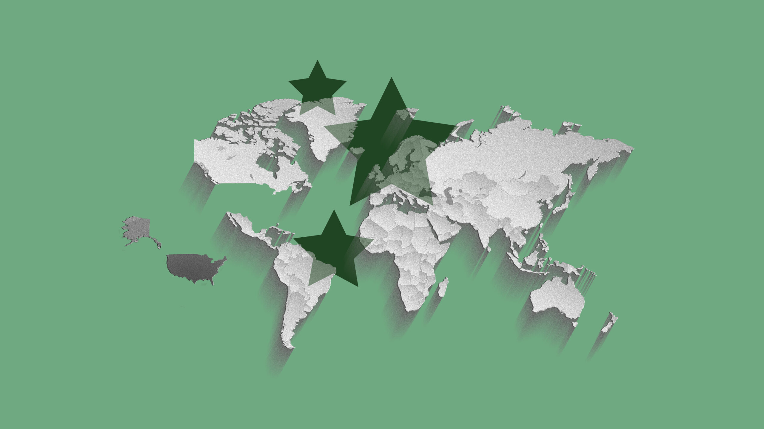 Gray world map on a green background with three large dark green stars placed over North America, Europe, and Africa.
